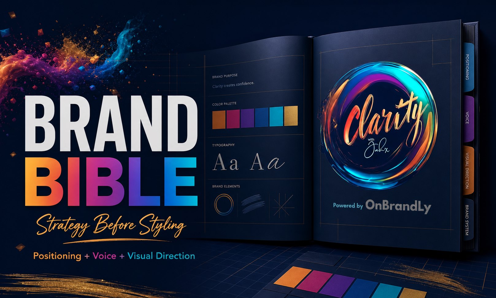 Brand Bible cover and open-book presentation for Clarity with Jahx