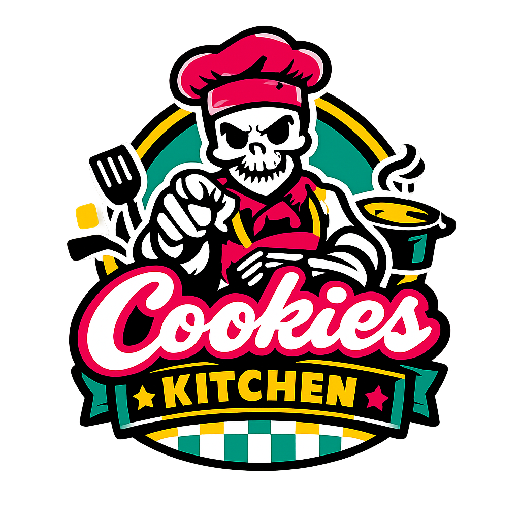 Cookies Kitchen food brand logo featuring a rebellious skeleton chef
