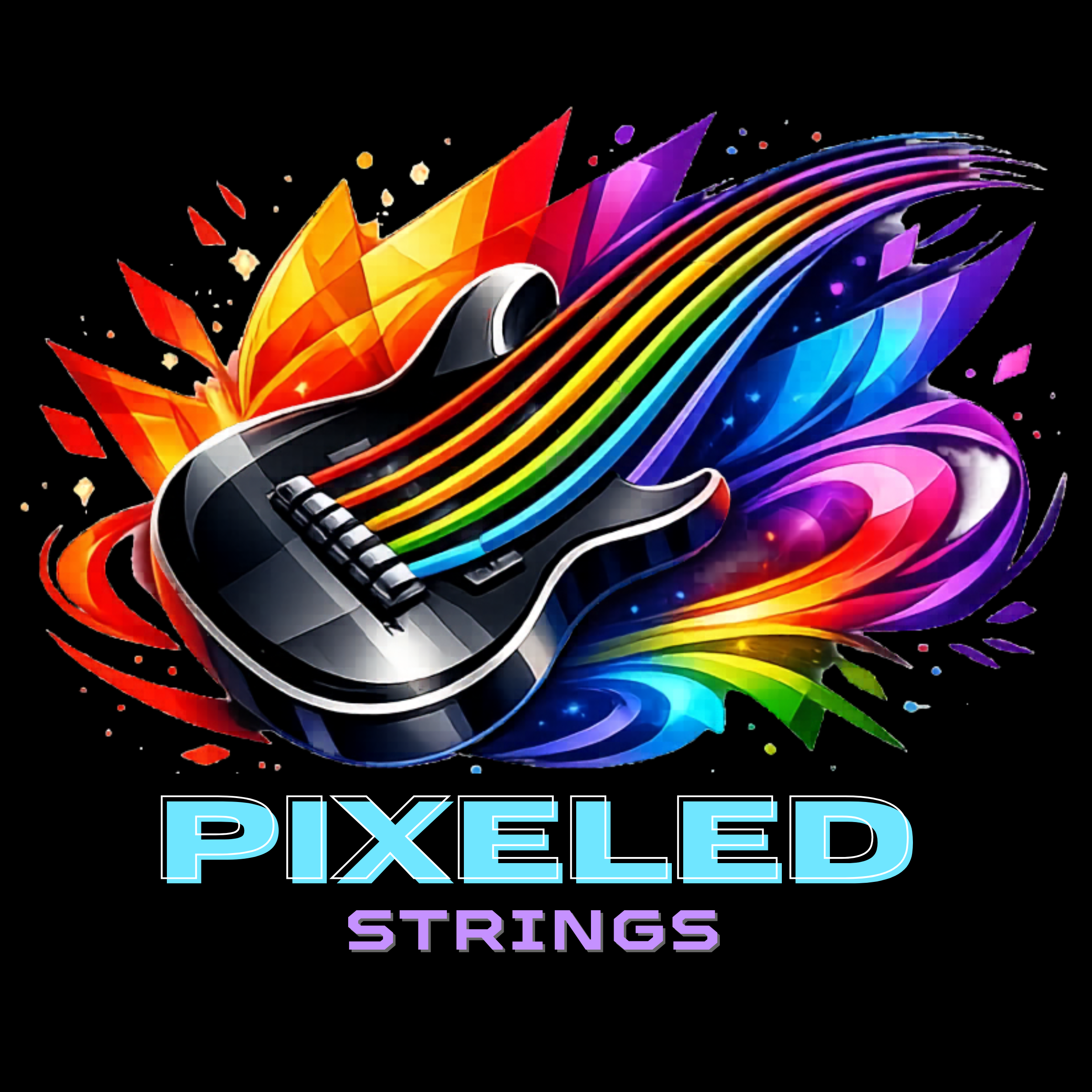 Pixeled Strings music and technology brand logo with a rainbow electric guitar
