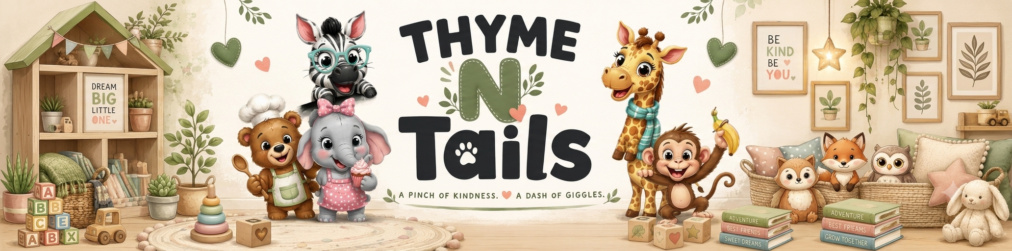 Thyme and Tails nursery brand banner showing its animal character world
