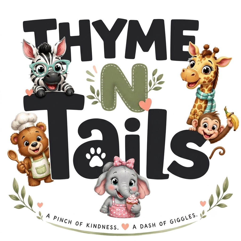 Thyme and Tails storybook nursery brand logo and animal characters